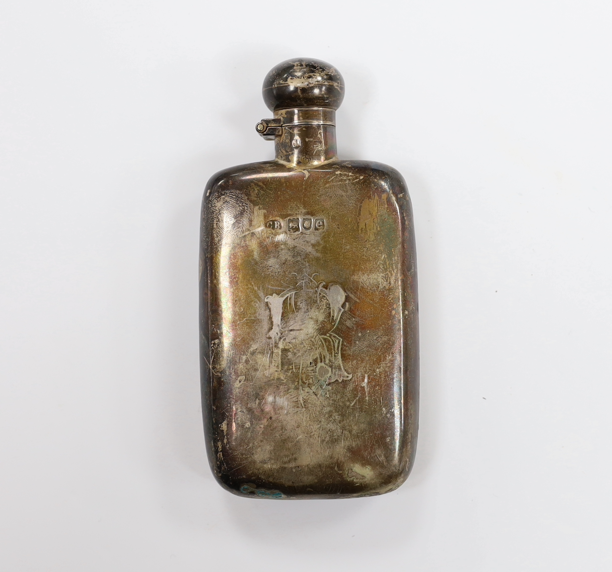 A late Victorian silver hip flask, Charles Boyton, London, 1900, 13.1cm, 3oz.